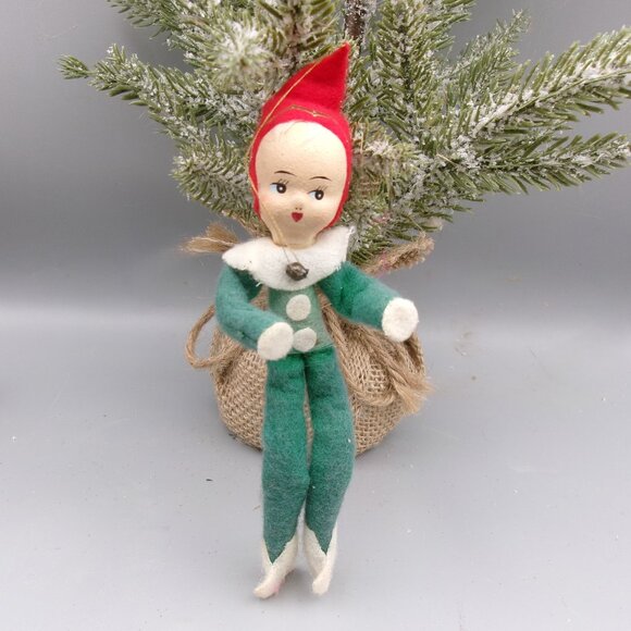 Green Poseable Pixie Elf Ornament, Paper Mache or Composite Face, Vtg Christmas - Picture 3 of 6